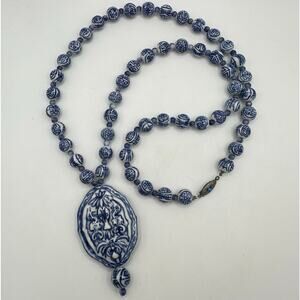 Chinese vintage white royal blue porcelain beads beaded 28" pendant necklace